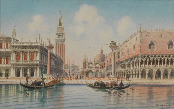 Umberto Ongania - Firmato. "Veduta di Piazza San Marco a Venezia con gondolieri", fine acquarello su carta in cornice in noce e passepartout