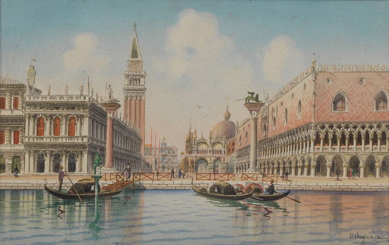 Firmato. "Veduta di Piazza San Marco a Venezia con gondolieri", fine acquarello su carta in corni...
