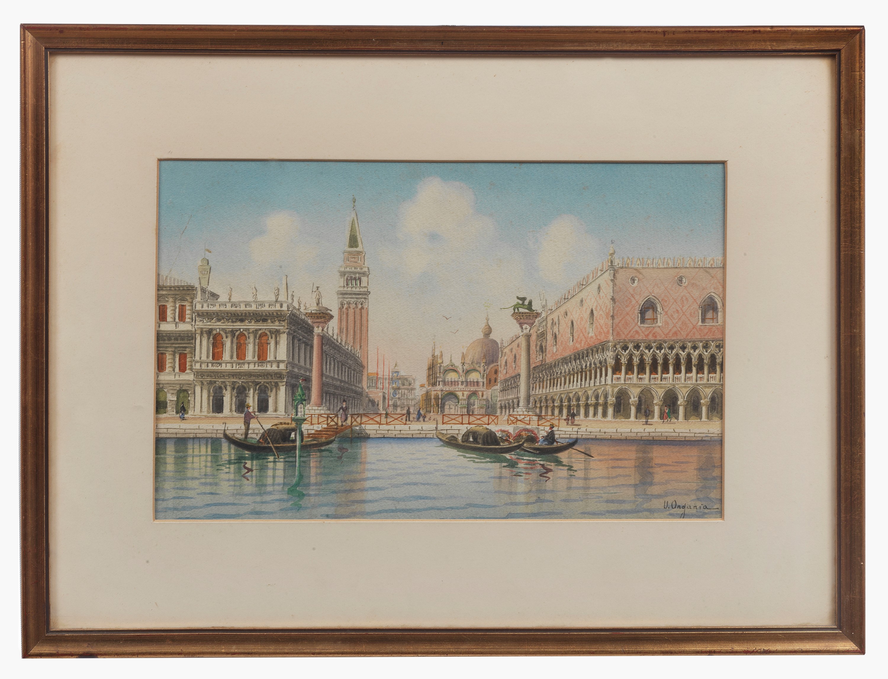 Firmato. "Veduta di Piazza San Marco a Venezia con gondolieri", fine acquarello su carta in corni...