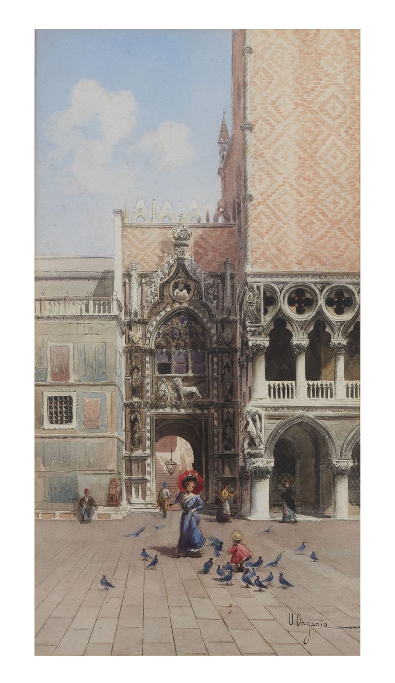 Firmato. "Veduta di Venezia con Piazza San Marco", fine acquarello su carta in cornice di noce e ...
