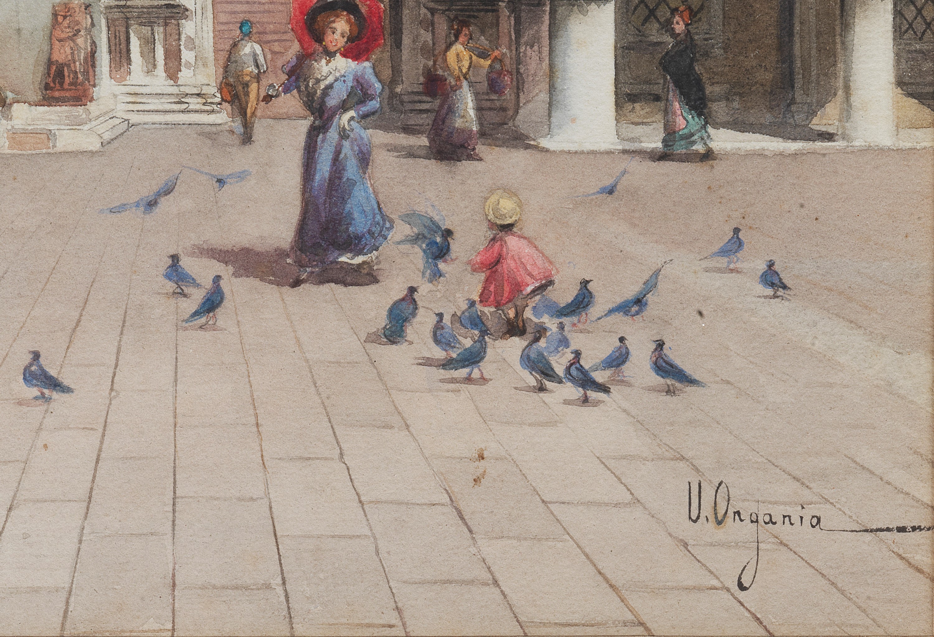 Firmato. "Veduta di Venezia con Piazza San Marco", fine acquarello su carta in cornice di noce e ...