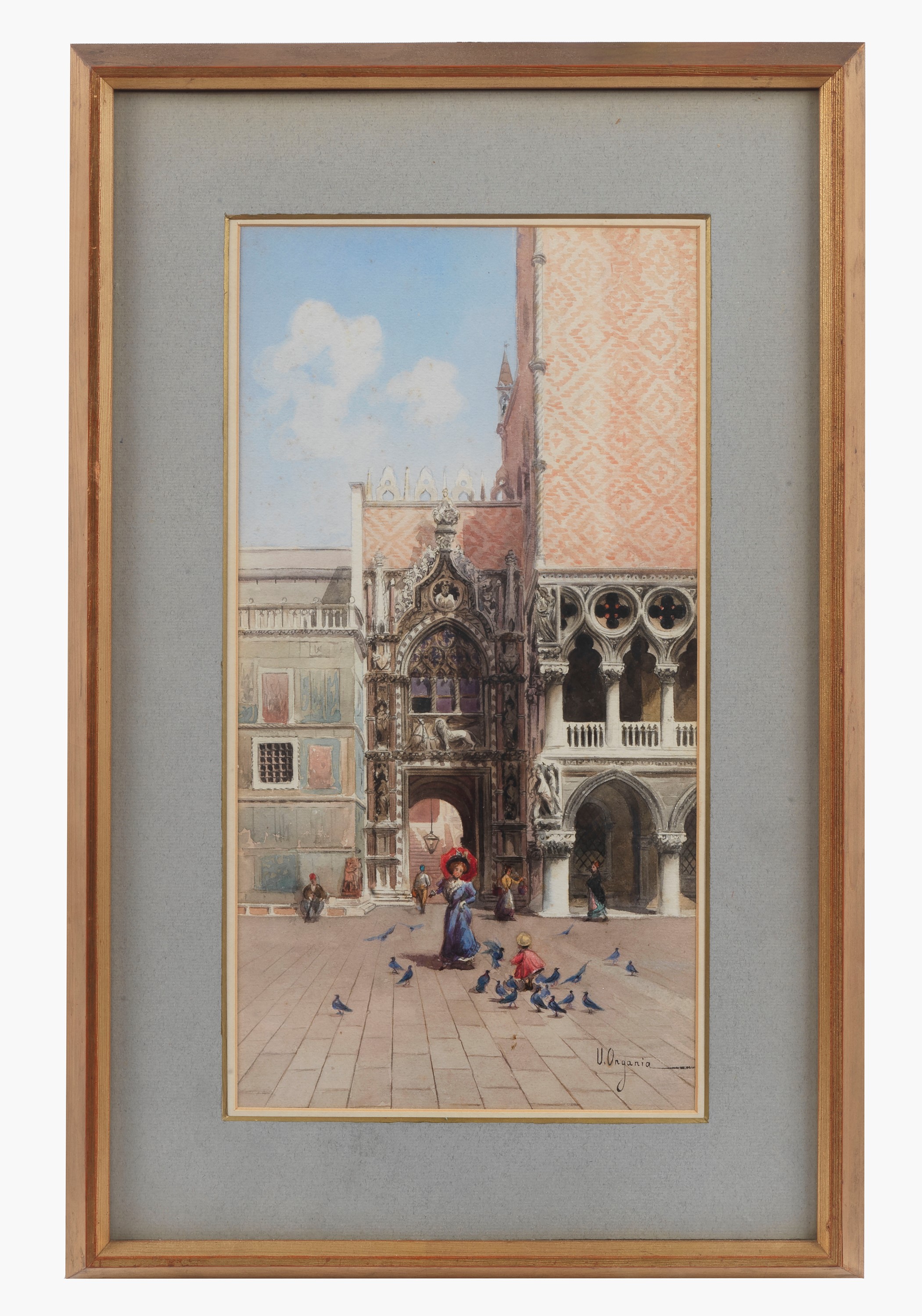 Firmato. "Veduta di Venezia con Piazza San Marco", fine acquarello su carta in cornice di noce e ...