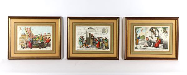 Bartolomeo Pinelli - &quot;The Watermelon Seller&quot;, &quot;The Charity of the Friars&quot; and &quot;The Daughter Praying to the Madonna for Her Sick Mother&quot;, lot of three watercolour etchings, gilded frames and passepartout