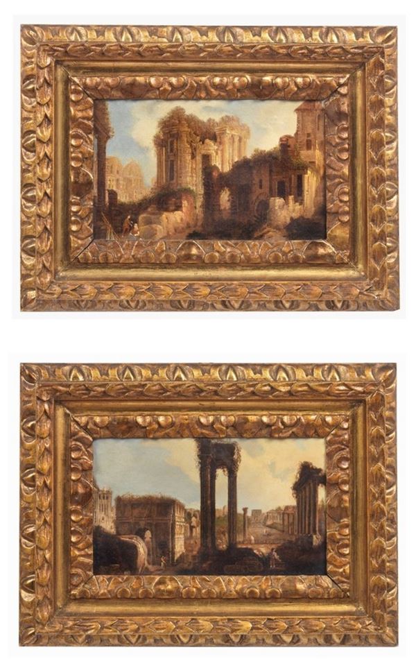 Scuola Romana Fine XVIII Secolo - "Veduta del Foro Romano" e "Fantasia di ruderi con popolani", coppia di piccoli dipinti ad olio su carta applicata a tela, cornici in legno dorato e intagliato