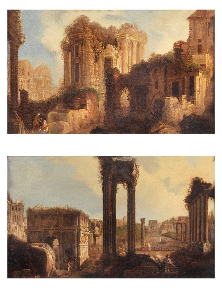 "Veduta del Foro Romano" e "Fantasia di ruderi con popolani", coppia di piccoli dipinti ad olio s...