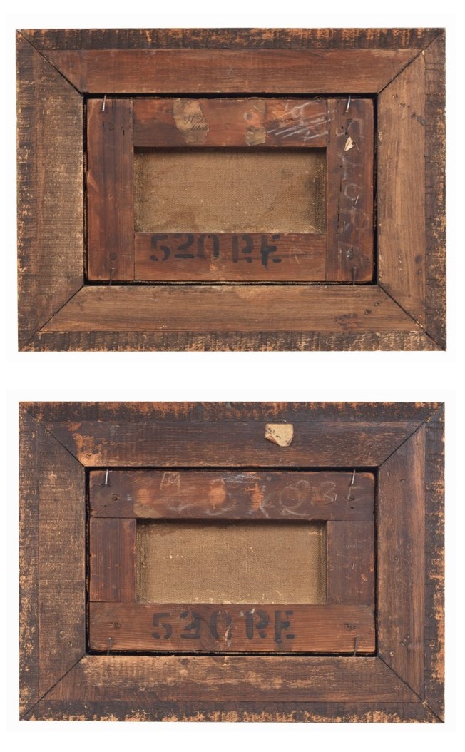 "Veduta del Foro Romano" e "Fantasia di ruderi con popolani", coppia di piccoli dipinti ad olio s...