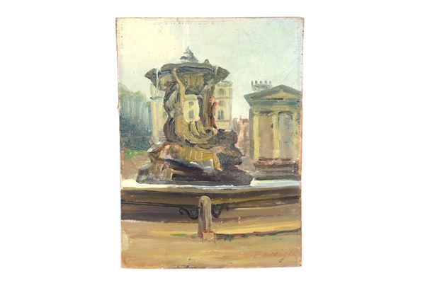 Carlo Passigli - "La fontana del Tritone con il Tempio di Vesta", piccolo dipinto ad olio su tavoletta