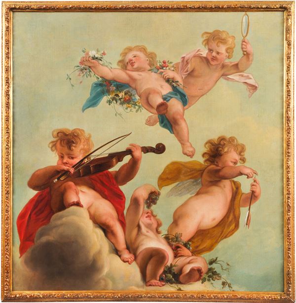 Scuola Romana XVIII Secolo - "Allegoria di Putti festanti", pregevole dipinto ad olio su tela di fine qualità pittorica in cornice in legno dorato e intagliato