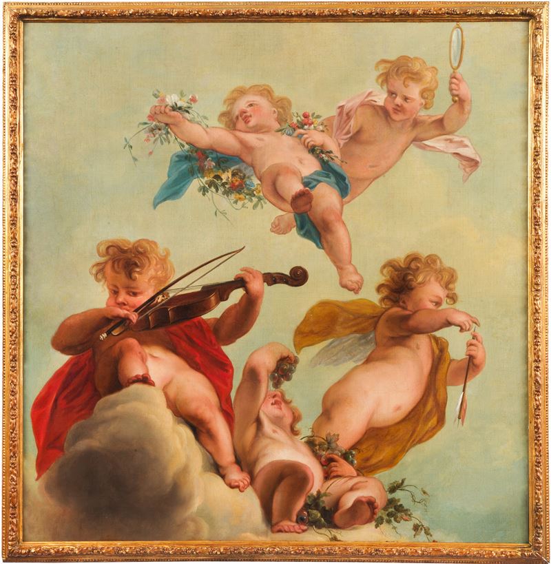 "Allegoria di Putti festanti", pregevole dipinto ad olio su tela di fine qualità pittorica in cor...