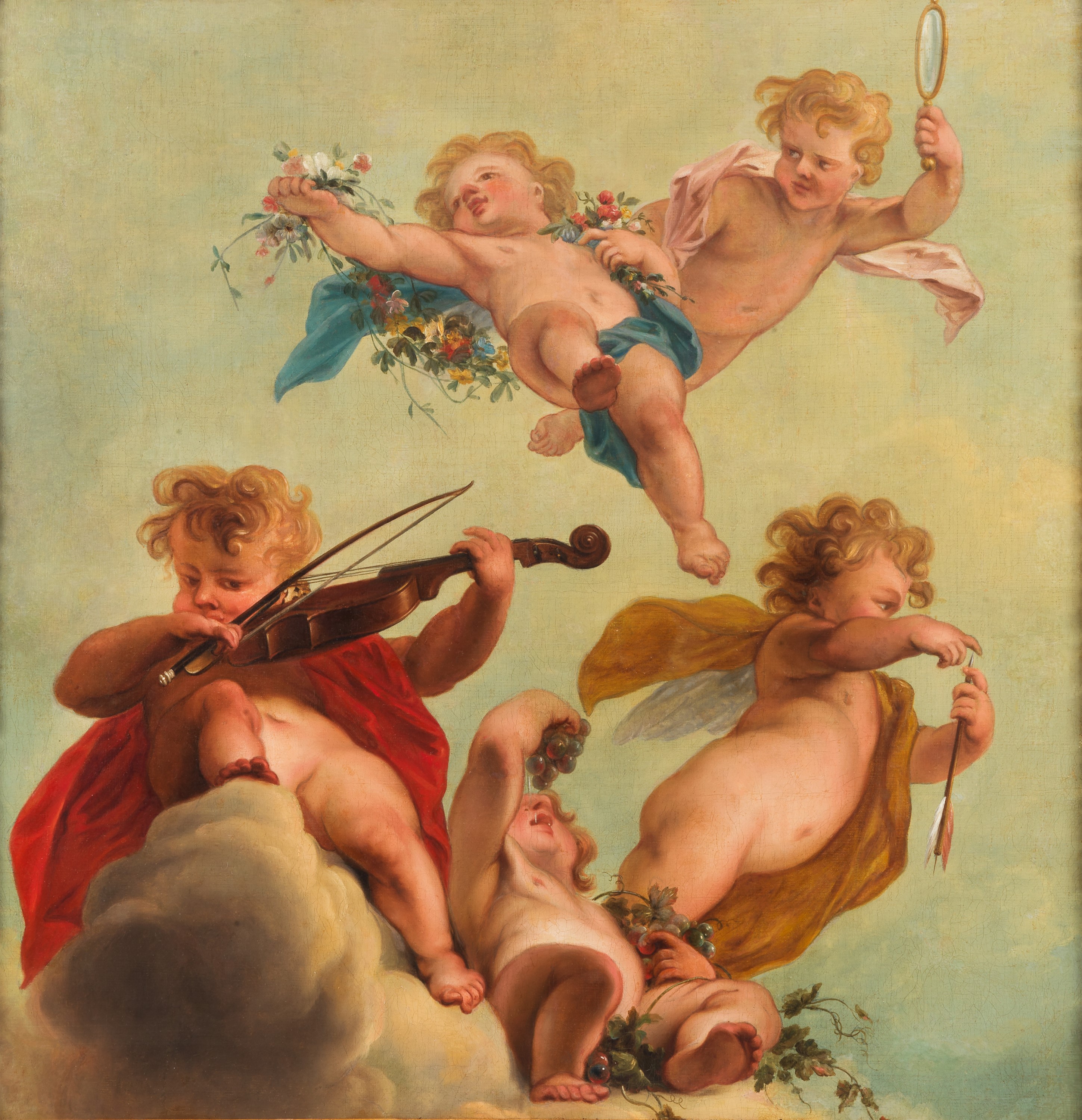"Allegoria di Putti festanti", pregevole dipinto ad olio su tela di fine qualità pittorica in cor...