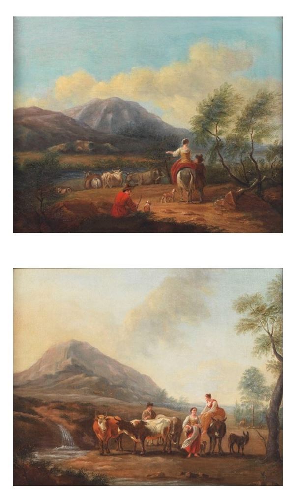 Nicolaes Berchem - Att.ti. &quot;Landscapes with wayfarers and peasants&quot;, pair of valuable oil paintings on canvas of excellent pictorial quality, gilded wooden frames