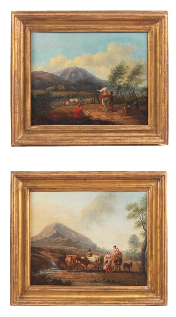 Att.ti. "Paesaggi con viandanti e contadini", coppia di pregevoli dipinti ad olio su tela di otti...