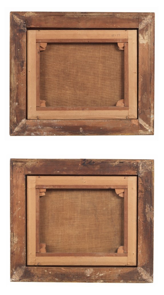 Att.ti. "Paesaggi con viandanti e contadini", coppia di pregevoli dipinti ad olio su tela di otti...