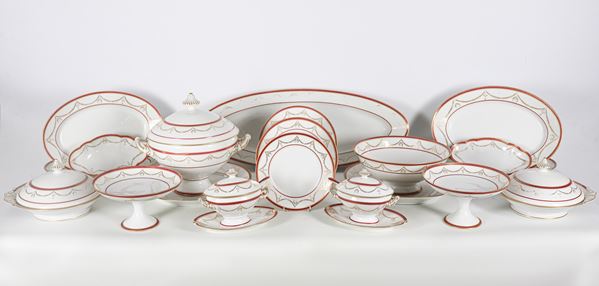 Richard Ginori porcelain dinner service, with bordeaux red filleted edges and pure gold decorations with Louis XVI motifs of laurel festoons. (95 pcs.)