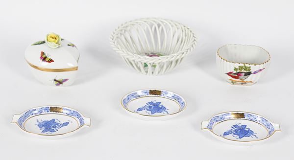 Herend polychrome porcelain lot of a basket, a sugar bowl, a cup and three oval saucers (6 pcs)