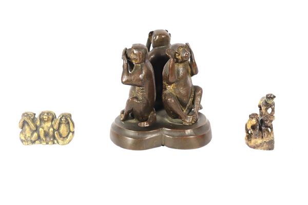 &quot;The three monkeys of wisdom I do not see, I do not speak and I do not hear&quot;, lot of three sculptures; one large and one small in bronze and the other small in hard stone