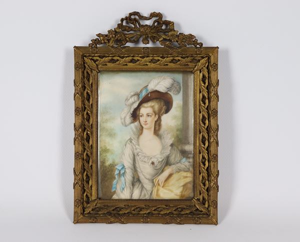 &quot;Portrait of a noblewoman&quot;, painted miniature in a gilded metal frame, embossed and chiselled with Louis XVI motifs