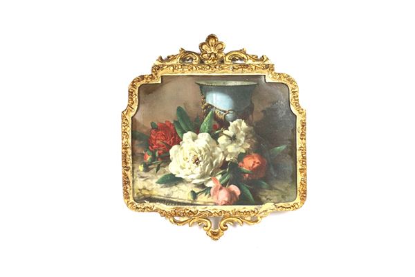 Small rectangular shaped frame, gilded, carved and lacquered, inside a small print depicting &quot;Still Life with Flowers&quot;