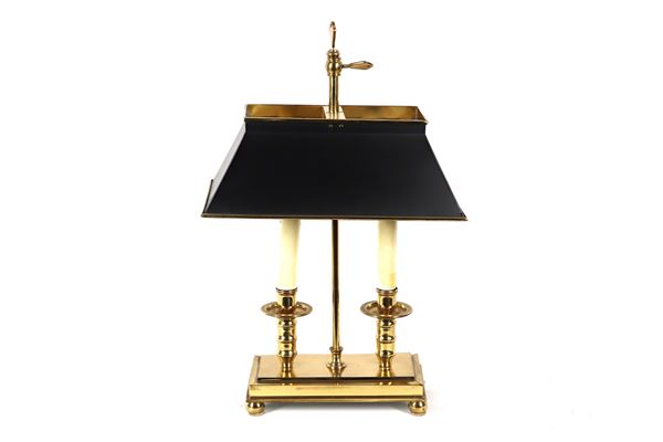 French bouillotte lamp in gold metal with adjustable black lacquered rigid shade, 2 lights