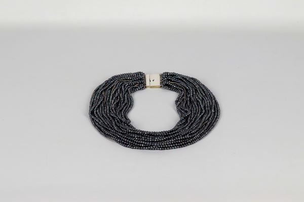 &quot;Cleopatra&quot; necklace with multiple strands of grey micro beads with 925 silver clasp, length 65 cm