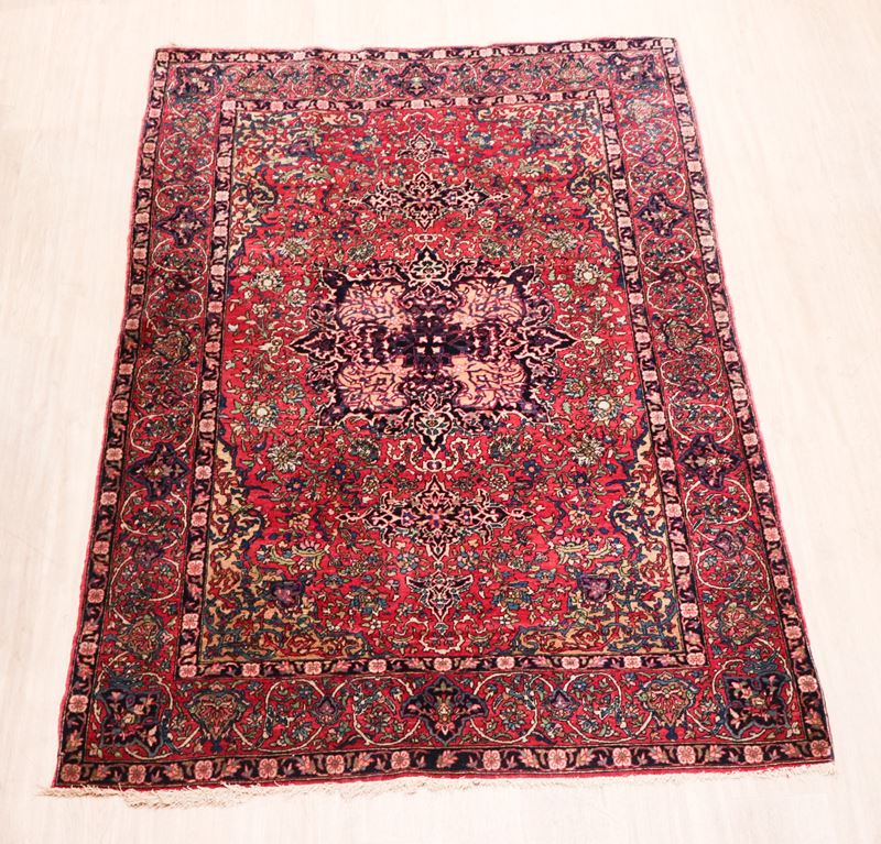 Tappeto persiano Tabriz a disegno geometrico floreale su fondo rosso e avana