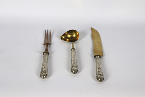 Lot of three antique roasting cutlery in vermeil, with handles covered in chiseled and embossed silver