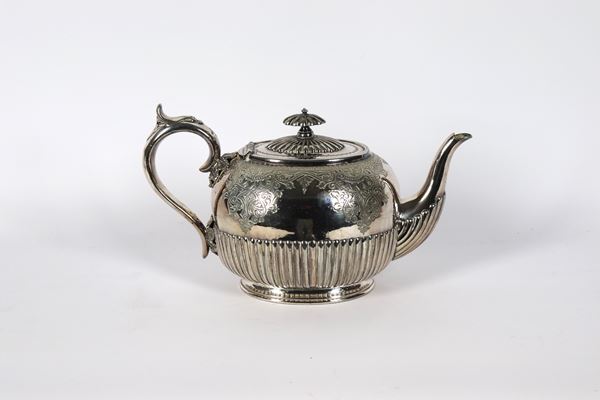 Antique English Victorian Sheffield teapot, chiseled and embossed with scrolls and pods