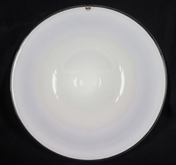 Murano glass centerpiece in milky white with transparent edge, marked Veart Venezia under the base