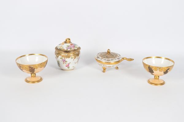 Polychrome and gilded porcelain lot of two small cups, a sugar bowl and a round jam jar (4 pcs.)