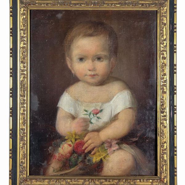 Scuola Toscana Fine XVIII Secolo - &quot;Portrait of a little girl with roses&quot;, oil painting on canvas, gilded and lacquered wooden frame