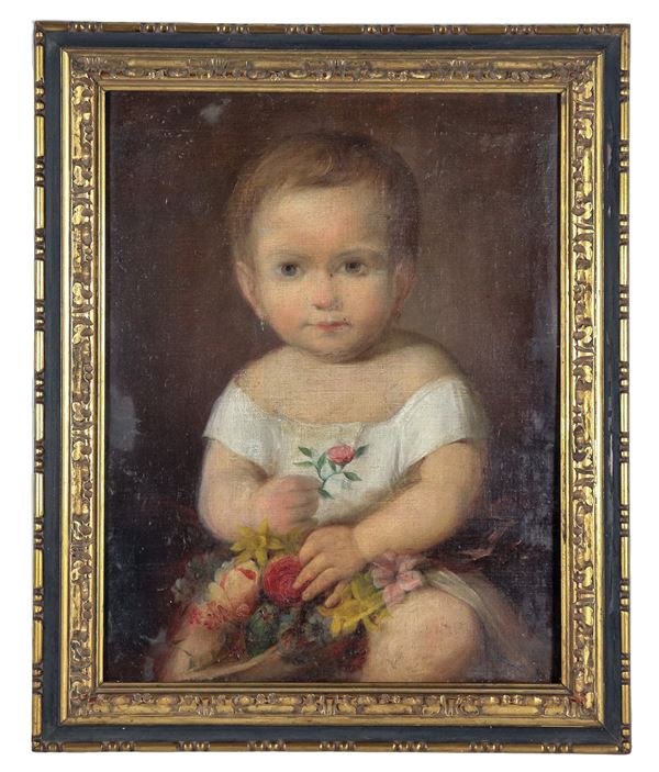 Scuola Toscana Fine XVIII Secolo - "Ritratto di bambina con rose", dipinto ad olio su tela, cornice in legno dorato e laccato