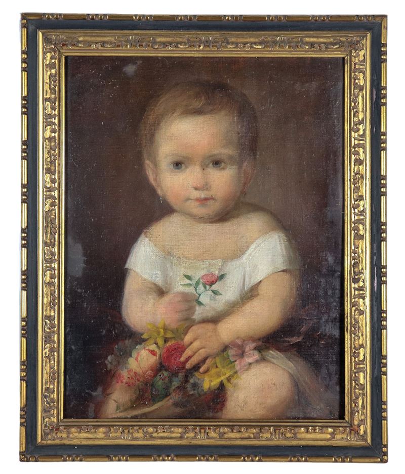 "Ritratto di bambina con rose", dipinto ad olio su tela, cornice in legno dorato e laccato