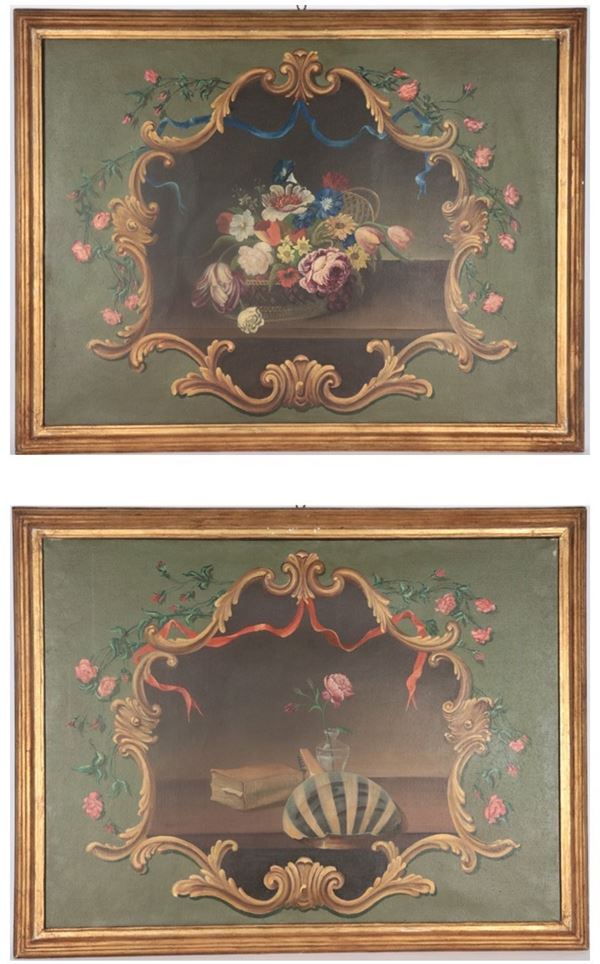 Scuola Italiana Inizio XX Secolo - &quot;Still Lifes of Flowers and Book with Musical Instrument&quot;, Pair of Oil Paintings on Canvas in Gilded Wooden Frames