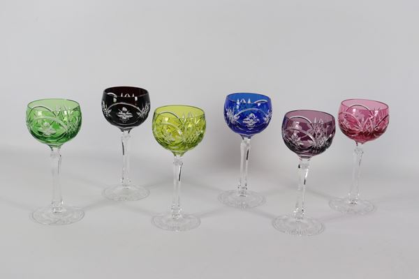 Lot of six goblet glasses in various colours, in Bohemian crystal worked with a diamond tip