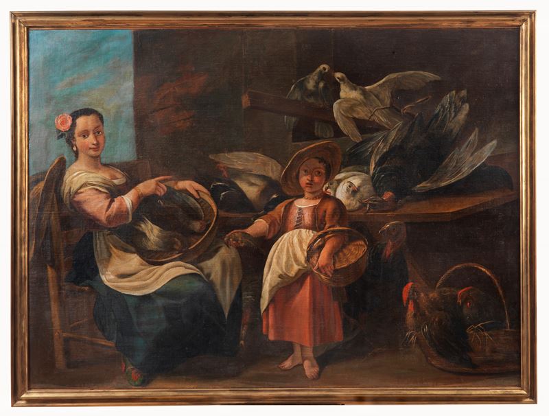 "La venditrice di cacciagione", grande dipinto ad olio su tela in cornice in legno dorato