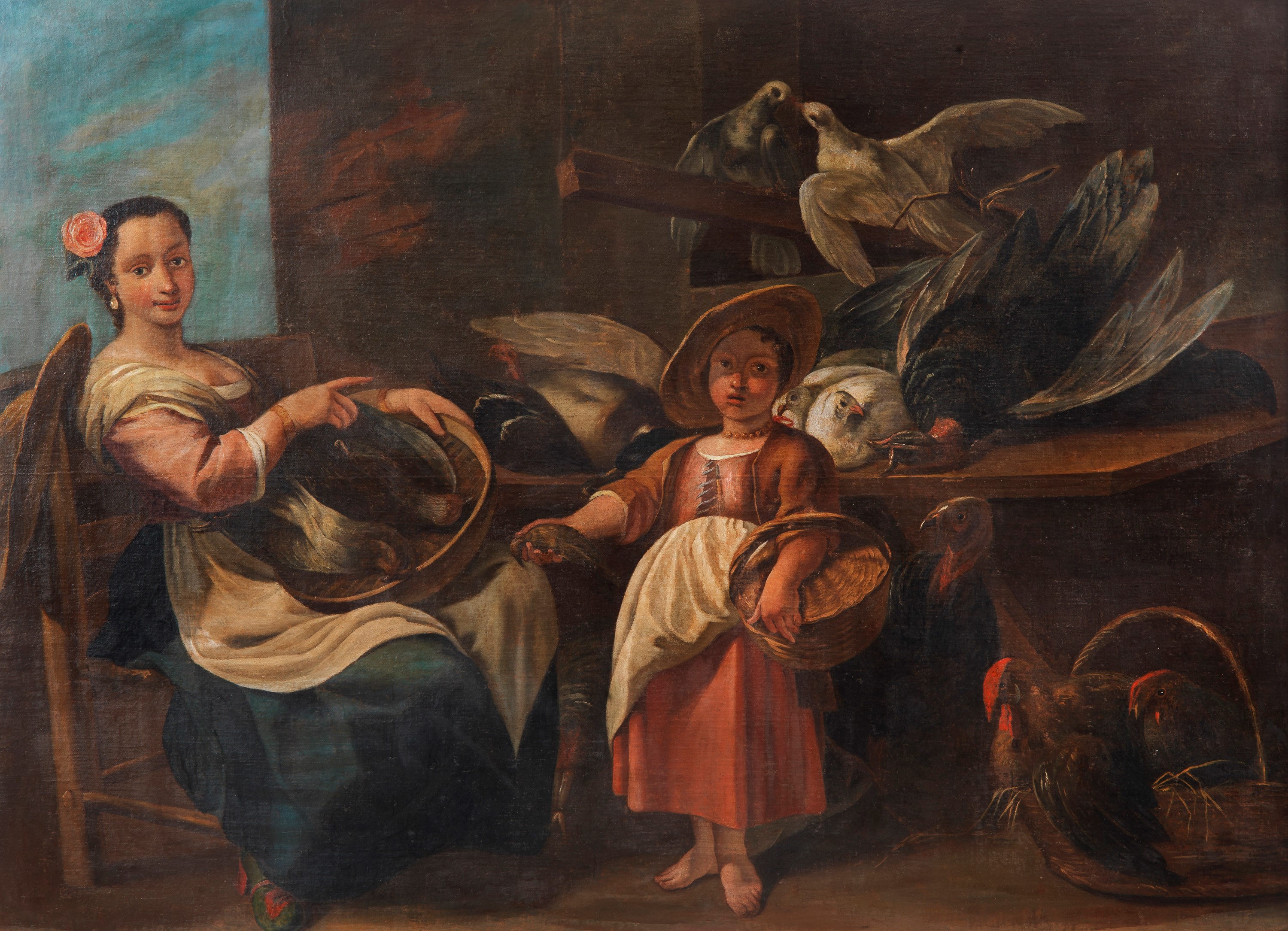 "La venditrice di cacciagione", grande dipinto ad olio su tela in cornice in legno dorato