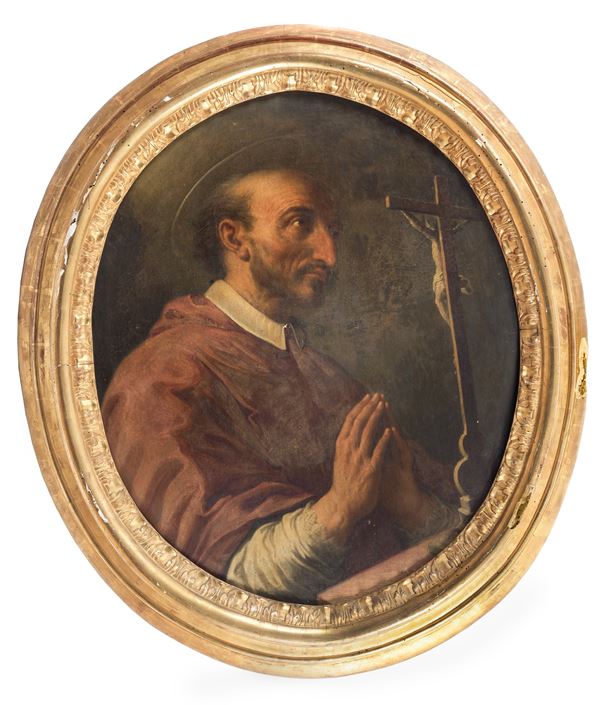 Pittore Genovese Fine XVII Secolo - "San Borromeo con crocifisso", pregevole dipinto ovale ad olio su tela in antica cornice in legno dorato