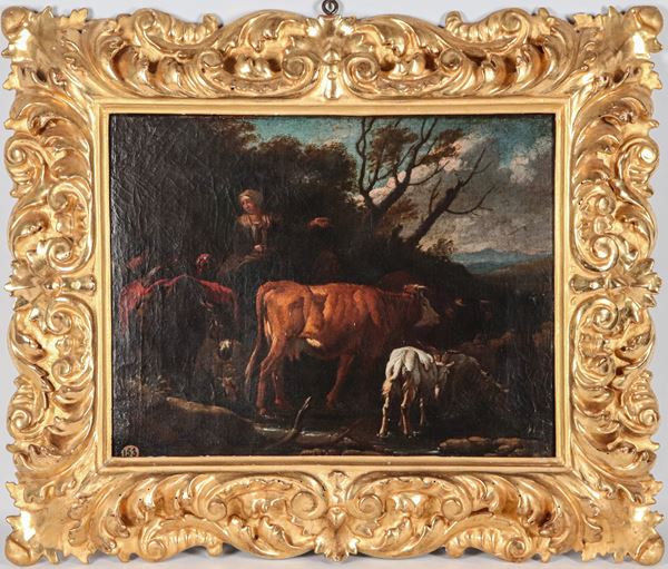 Pieter Van Bloemen - Bottega di. &quot;Landscape with peasant woman, shepherd and herds with goats&quot;, small oil painting on canvas. Gilded and richly carved wooden frame 