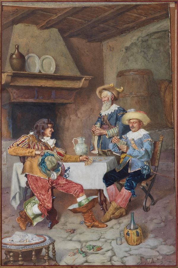 Giuseppe Ballesio - Signed. &quot;Interior of an inn with knights playing cards&quot;, fine and bright watercolor on paper in a walnut frame and passepartout