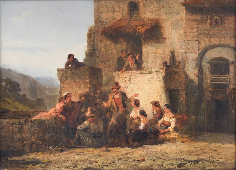 Firmato e iscritto Roma. "Il cantastorie con i popolani", dipinto ad olio su tavola di ottima rea...