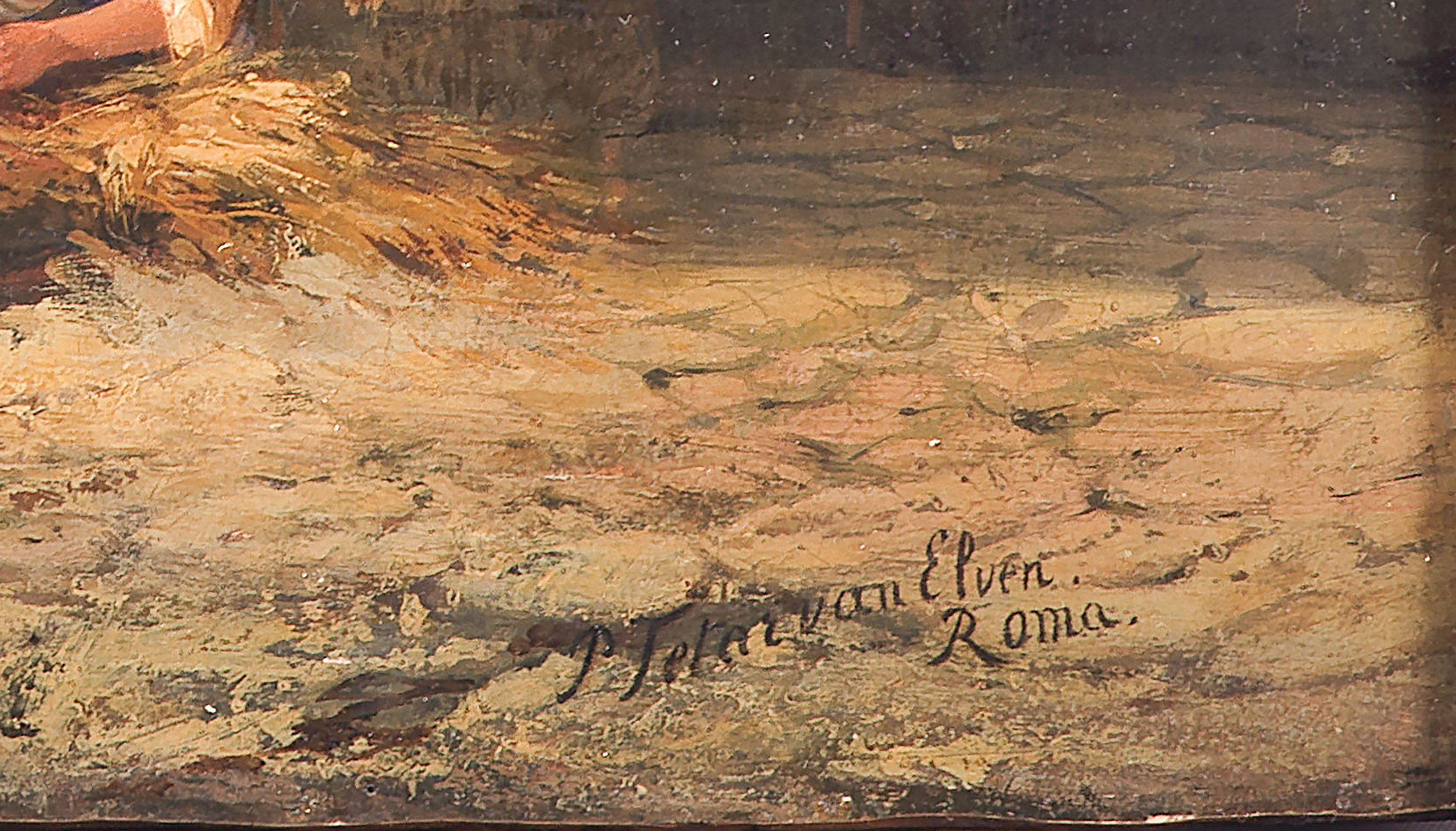 Firmato e iscritto Roma. "Il cantastorie con i popolani", dipinto ad olio su tavola di ottima rea...