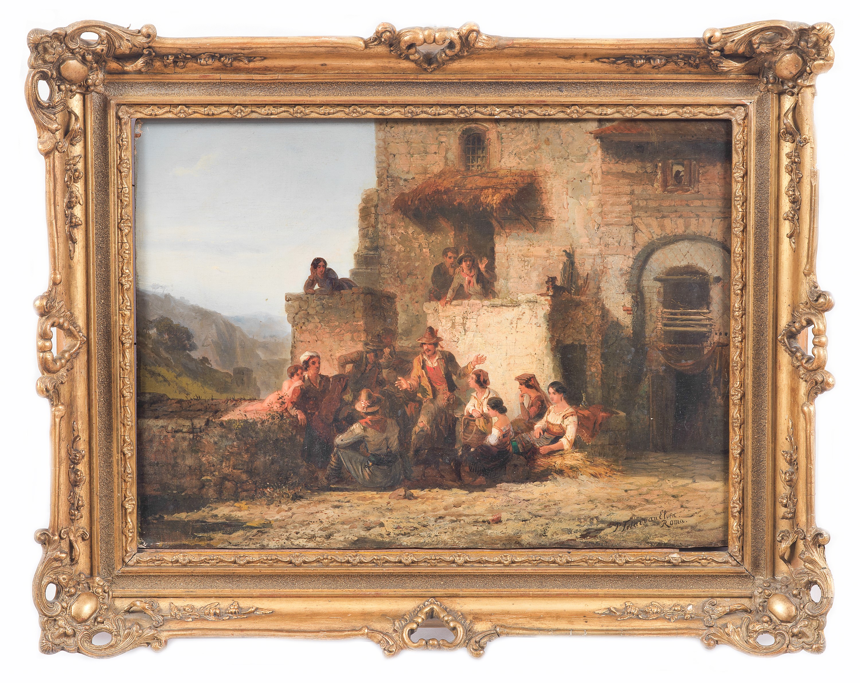 Firmato e iscritto Roma. "Il cantastorie con i popolani", dipinto ad olio su tavola di ottima rea...