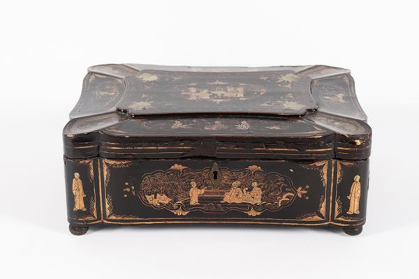 Antique Chinese box in black lacquered wood, rectangular shaped and entirely decorated with &quot;Oriental life scenes&quot; motifs. Missing the key