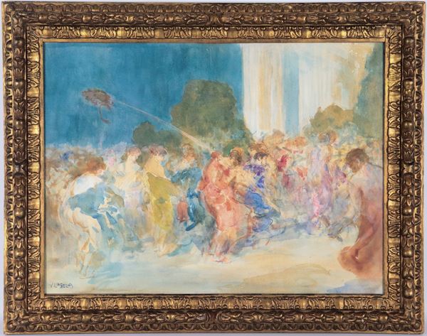 Vincenzo La Bella - Signed. &quot;Carnival Ball&quot;, watercolor on cardboard in a gilded and carved wooden frame