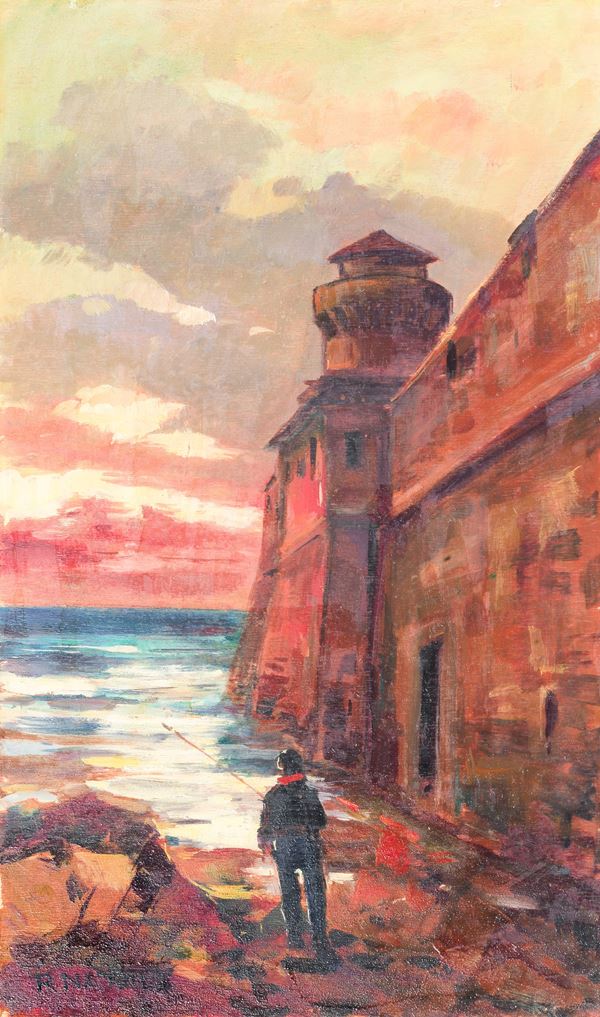 Renato Natali - Firmato. "Pescatore al tramonto", dipinto ad olio su compensato. Il dipinto è inserito nell'archivio Renato Natali al numero 381 e codice OBLBZQNOXZKQQXF