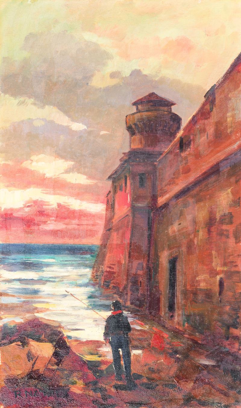 Firmato. "Pescatore al tramonto", dipinto ad olio su compensato. Il dipinto è inserito nell'archi...