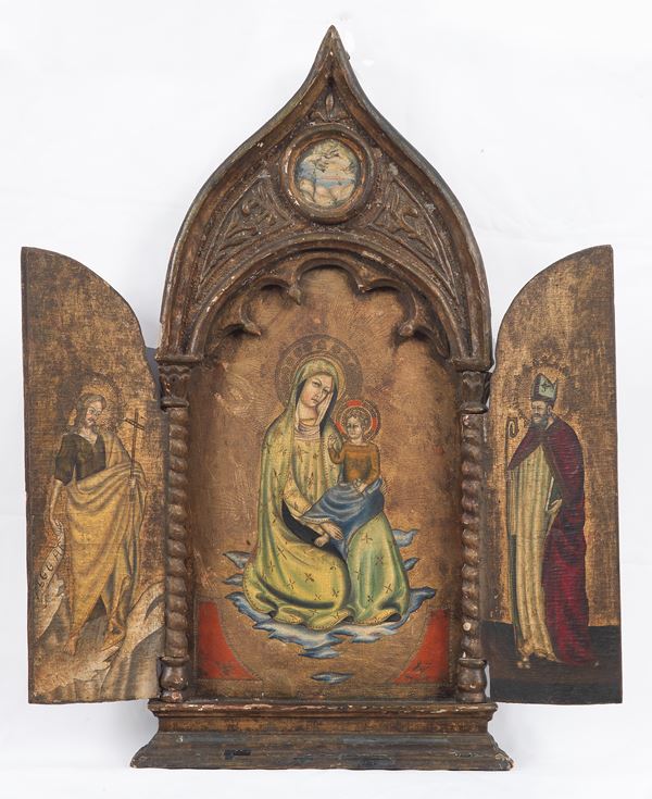 Scuola Dalmata Inizio XVIII Secolo - &quot;Madonna with Child and Saints&quot;, triptych on panel painted in tempera