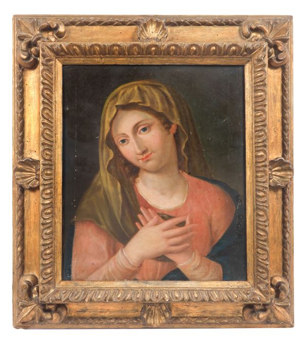 Scuola Romana Inizio XVIII Secolo - "Madonna", dipinto ad olio su tela di ottima esecuzione pittorica, in antica cornice in legno dorato e intagliato