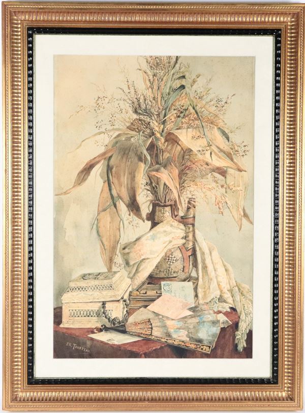 Edouard Tourteau - Signed. &quot;Still life with ears of wheat, box and fan&quot;, bright and valuable watercolour on paper in a gilded wooden frame and passepartout