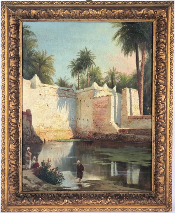 Cesare Ferri - Signed. &quot;Arabs at the river under the city walls&quot;, oil painting on panel in a gilded and carved wooden frame